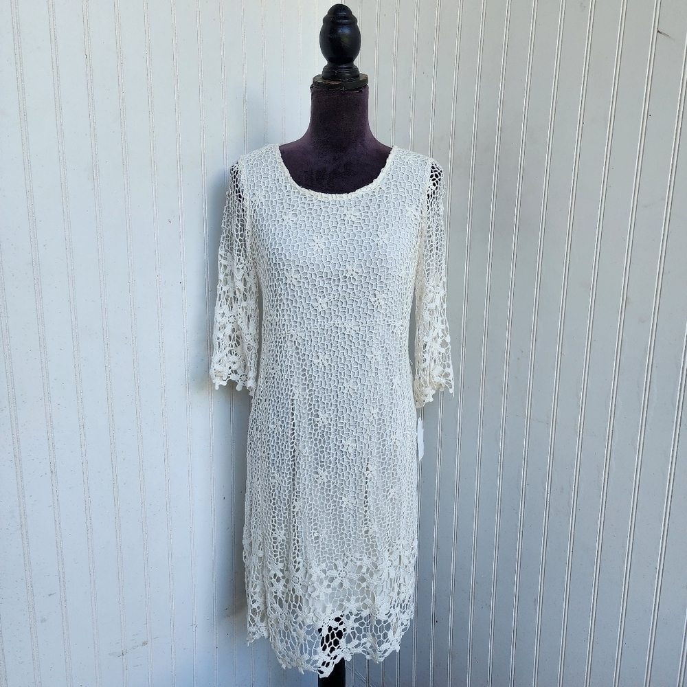 NWT Rabbit Womens Cream White 3/4 Sleeve Crochet Lace Dress Petite 10P